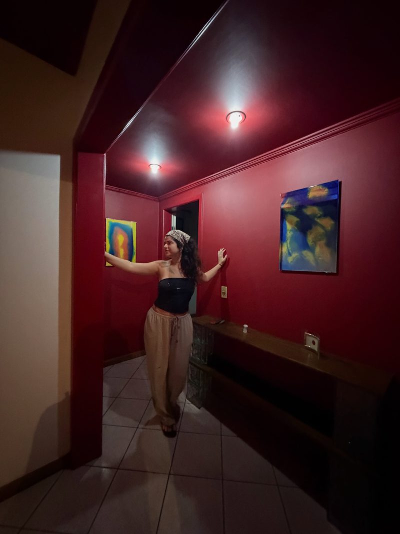 Merisse Effgen num corredor de paredes vermelhas, com os braços abertos entre duas obras em espelho e resina penduradas na parede.
